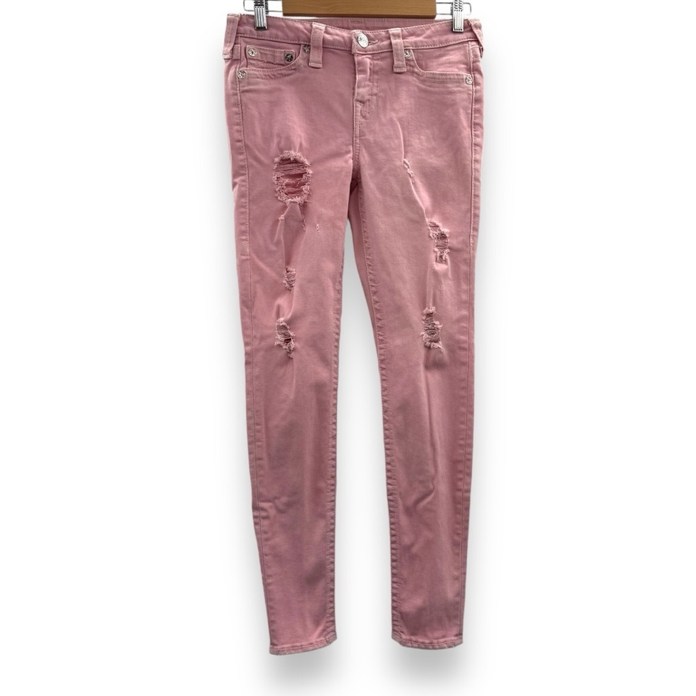 True Religion Super Skinny Natural SN Mid Rise Distressed Pink Jeans Sz 27‎